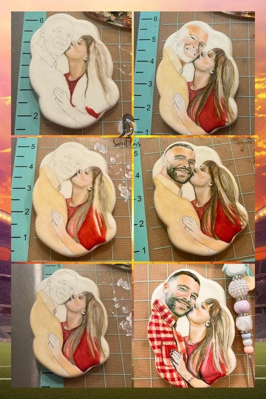 Justina Rucinski posts updates while working on her Taylor Swift-Travis Kelce cookie set.