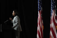 Democratic vice presidential candidate Sen. Kamala Harris, D-Calif., speaks at Shaw University during a campaign visit in Raleigh, N.C., Monday, Sept. 28, 2020. (AP Photo/Gerry Broome)