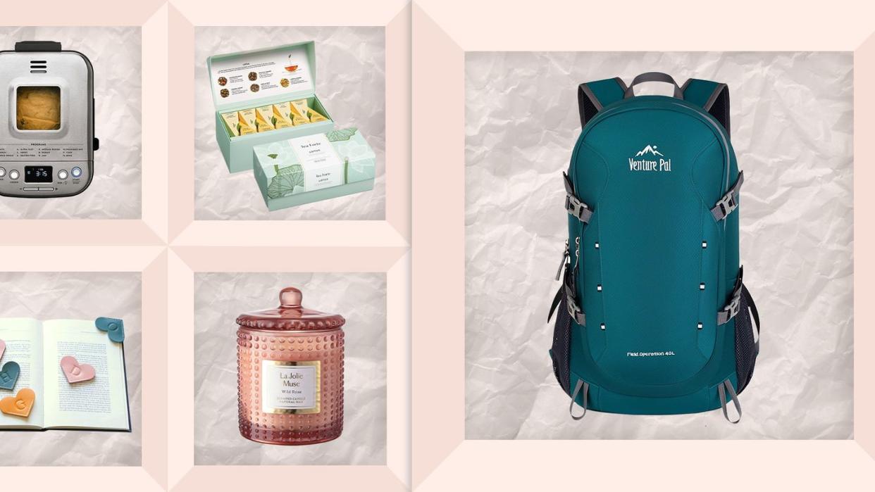 bread maker, tea set, backpack, candle, leather bookmark