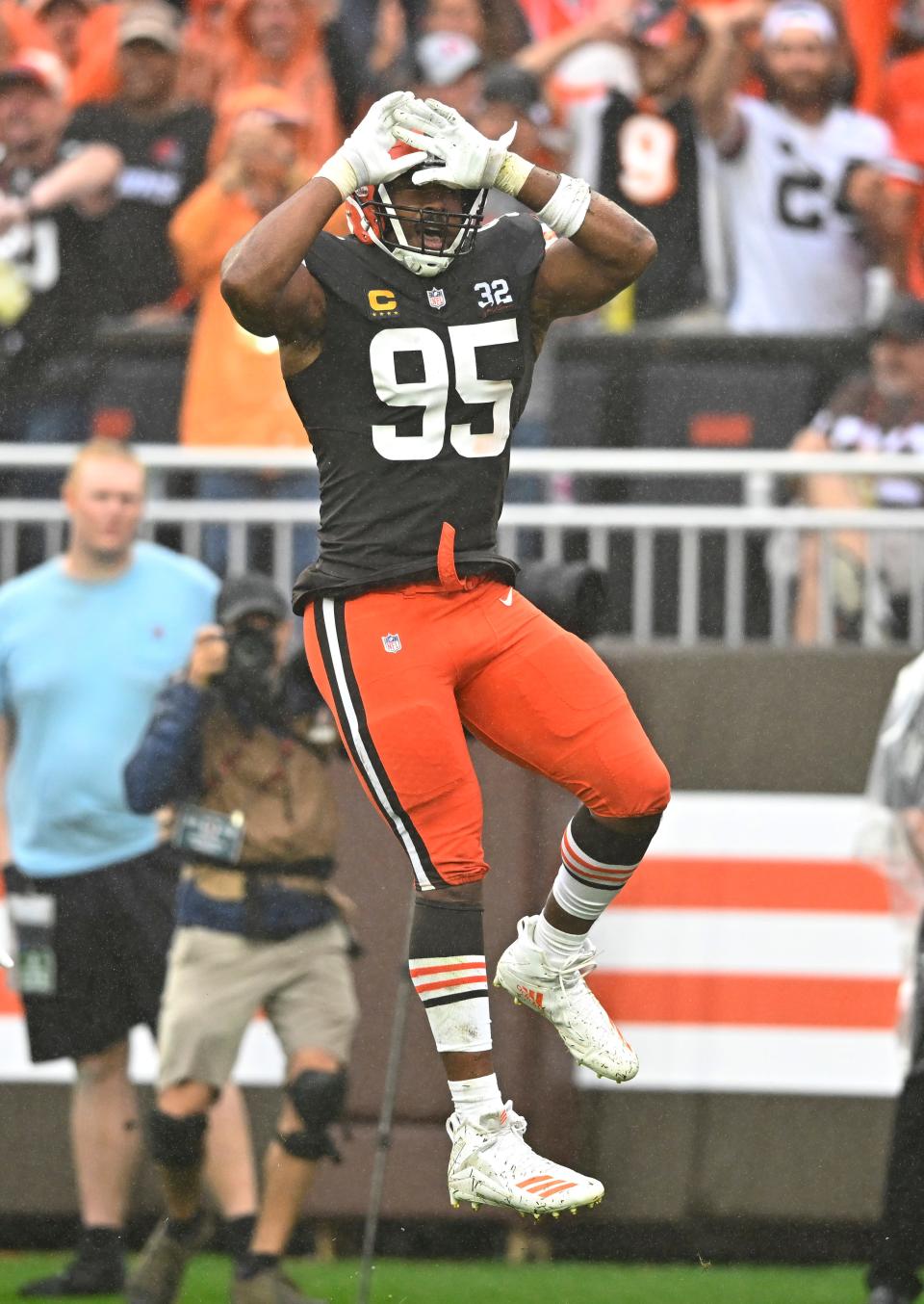 Cleveland Browns defensive end Myles Garrett (95) celebrates after he sacked Cincinnati Bengals quarterback Joe Burrow Sunday in Cleveland.