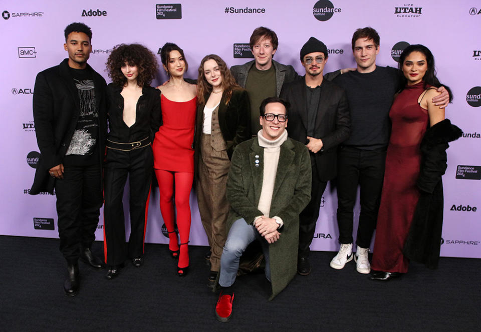 (L-R) Devon Terrell, Nina Bloomgarden, Reina Hardesty, Madison Davenport, David Thompson, Director Greg Jardin Gavin Leatherwood, James Morosini and Brittany O’Grady attend the "It's What's Inside" Premiere during the 2024 Sundance Film Festival at The Ray Theatre on January 19, 2024 in Park City, Utah.