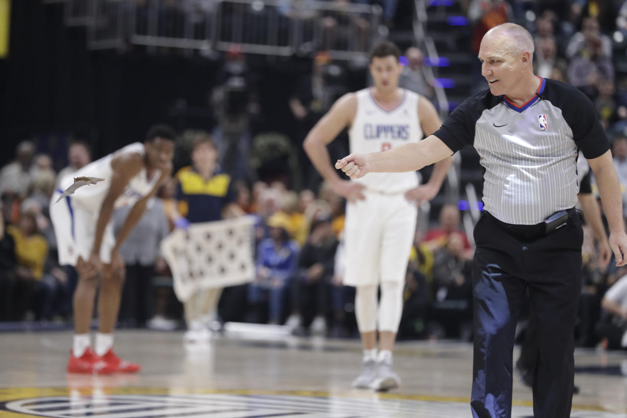 Referee Ron Garretson reacts as a bat flies on the court during the first half between the Pacers and the Clippers. (AP/Darron Cummings)