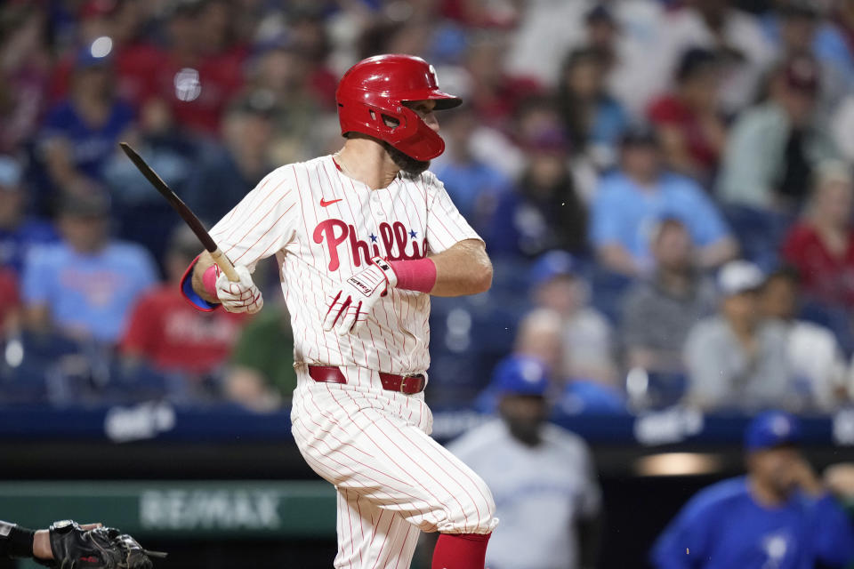 Philadelphia Phillies' Kody Clemens follows through after hitting a run-scoring ground out against Toronto Blue Jays pitcher Tim Mayza during the eighth inning of a baseball game, Tuesday, May 7, 2024, in Philadelphia. (AP Photo/Matt Slocum)