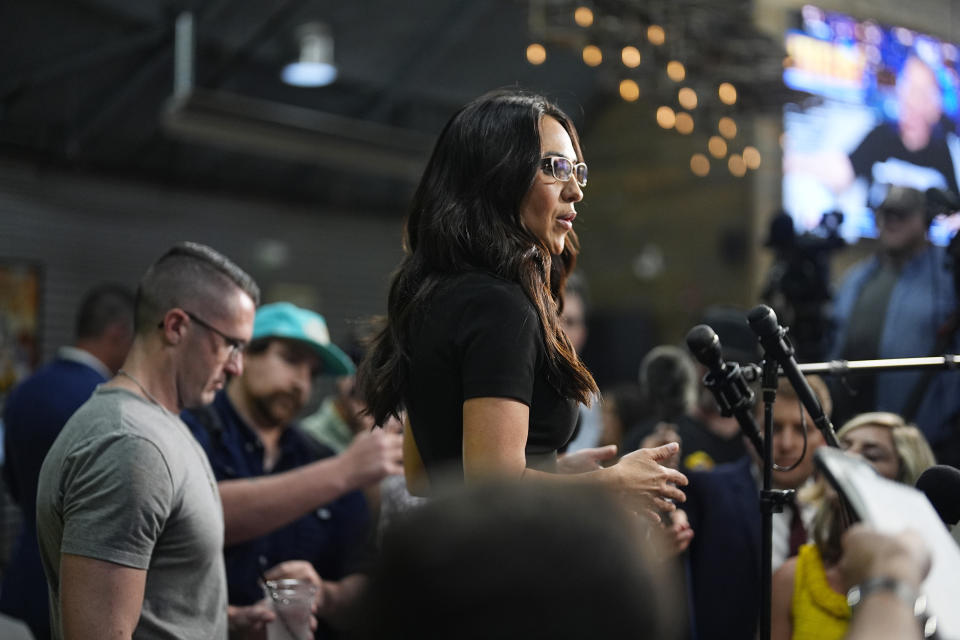 U.S. Congresswoman Lauren Boebert, R-Colo., speaks to reporters during a primary election watch party Tuesday, June 25, 2024, in Windsor, Colo. (AP Photo/David Zalubowski)