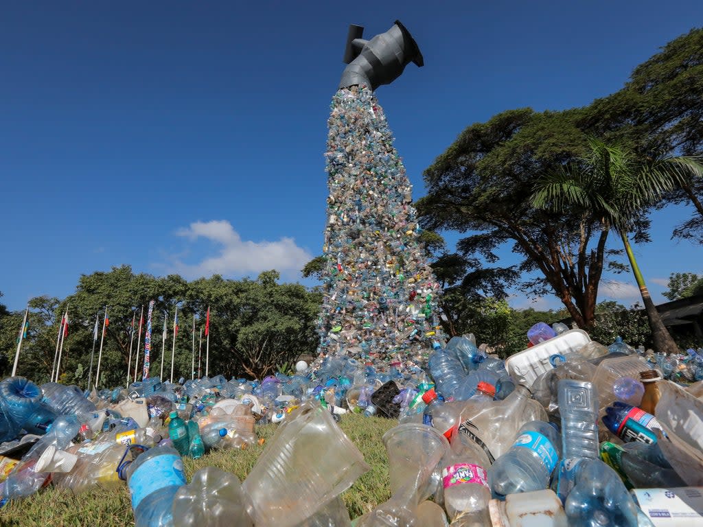 A giant sculpture made of waste plastics by Canadian activist and artist Benjamin von Wong at the UN Environment Programme (UNEP) Headquarters in Nairobi, Kenya (EPA)