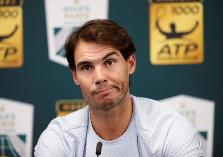 FILE PHOTO: Tennis - ATP 1000 - Paris Masters - AccorHotels Arena, Paris, France - October 31, 2018 Spain's Rafael Nadal during a press conference after withdrawing from the tournament REUTERS/Gonzalo Fuentes