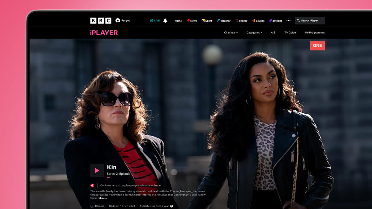  A laptop screen on a pink background showing BBC iPlayer. 