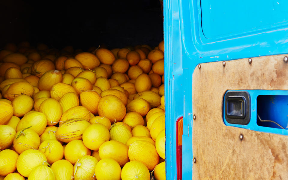 <p>The sites and smells of a local Moroccan market cannot be missed. Pictured here is a van load of yellow melon being sold outside the western gate Bab el-Ain.</p>