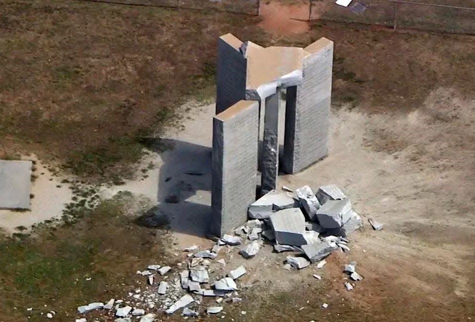 An aerial view showing the Georgia Guidestones in the aftermath of the bombing.