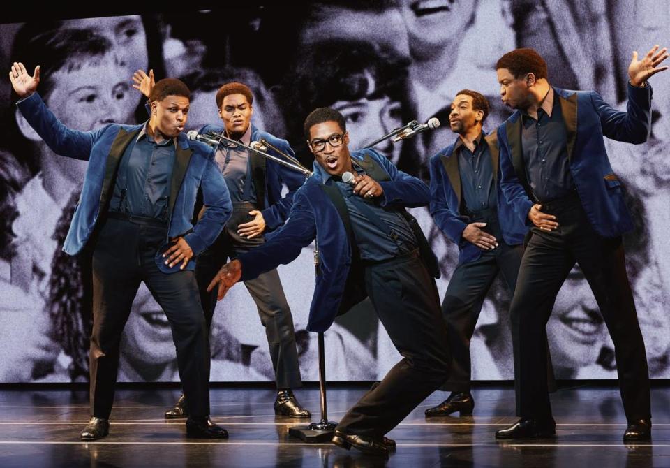 The jukebox musical “Ain’t Too Proud” chronicles the ups and down of life in the classic Motown R&B band The Temptations. From left, Harrell Holmes Jr., Jalen Harris, Elijah Ahmad Lewis, E. Clayton Cornelious and Michael Andreaus in the national touring company.