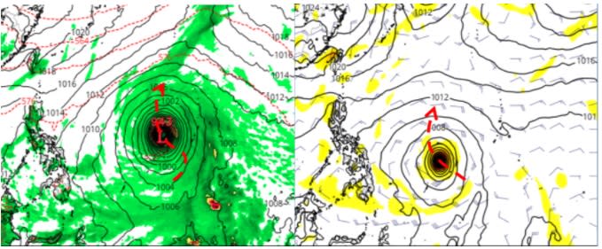 最新(10日20時)美國模式(GFS)模擬是「大型」颱風，3、4天後在關島西方海面緩慢向北迴轉(左圖)。歐洲(ECMWF)模式模擬則是「普通大小」的颱風，其5天後在菲律賓東方、帛琉北方海面逐漸向北迴轉(右圖)。   圖/「三立準氣象· 老大洩天機」擷自Tropical tidbit