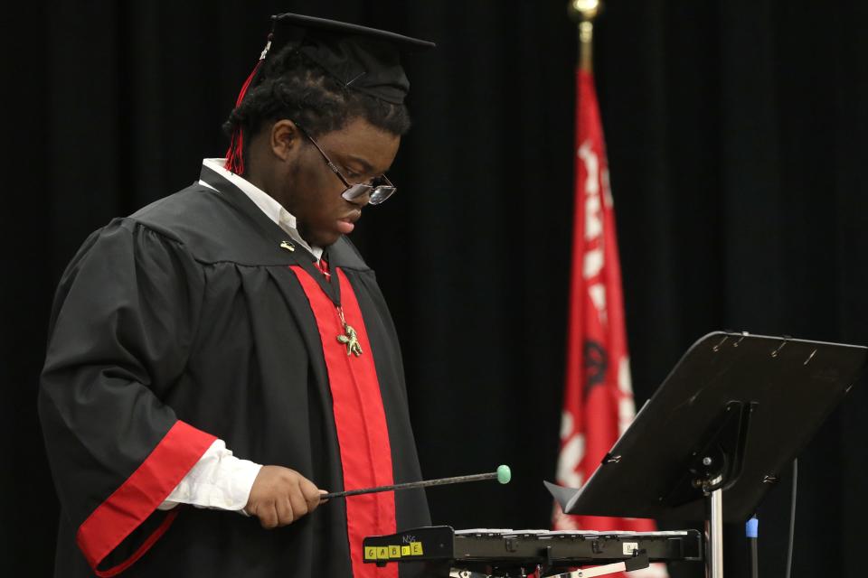 Senior Ty’Rez Hopper plays the glockenspiel during the North Shelby Graduation Ceremony held Friday morning, May 20, 2022, at the North Shelby school in Shelby.