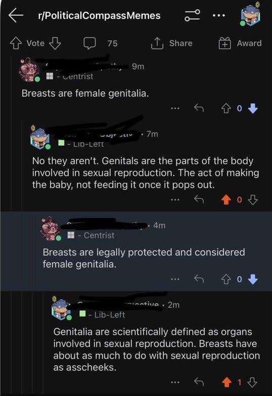 A person says that "breasts are legally protected and considered female genitalia"