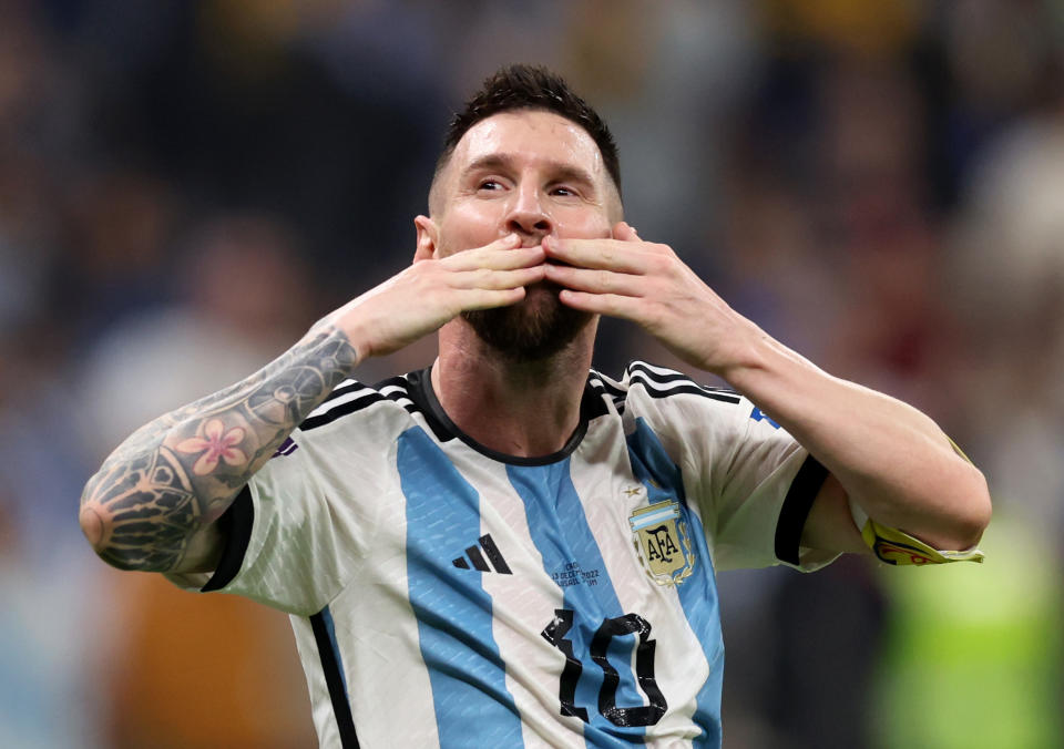 LUSAIL CITY, QATAR - DECEMBER 13: Lionel Messi celebrates after their sides third goal by Julian Alvarez of Argentina (not pictured) during the FIFA World Cup Qatar 2022 semi final match between Argentina and Croatia at Lusail Stadium on December 13, 2022 in Lusail City, Qatar. (Photo by Clive Brunskill/Getty Images)