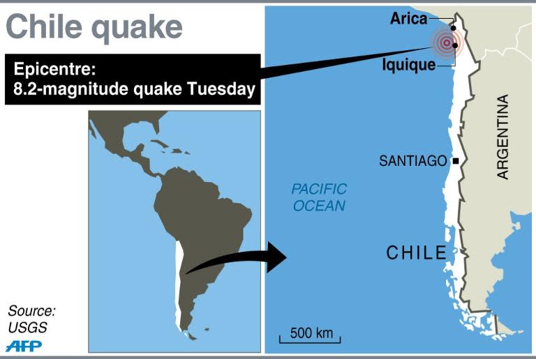 Map locating the epicentre of an 8.2-magnitude earthquake near Chile's Pacific coast on Tuesday