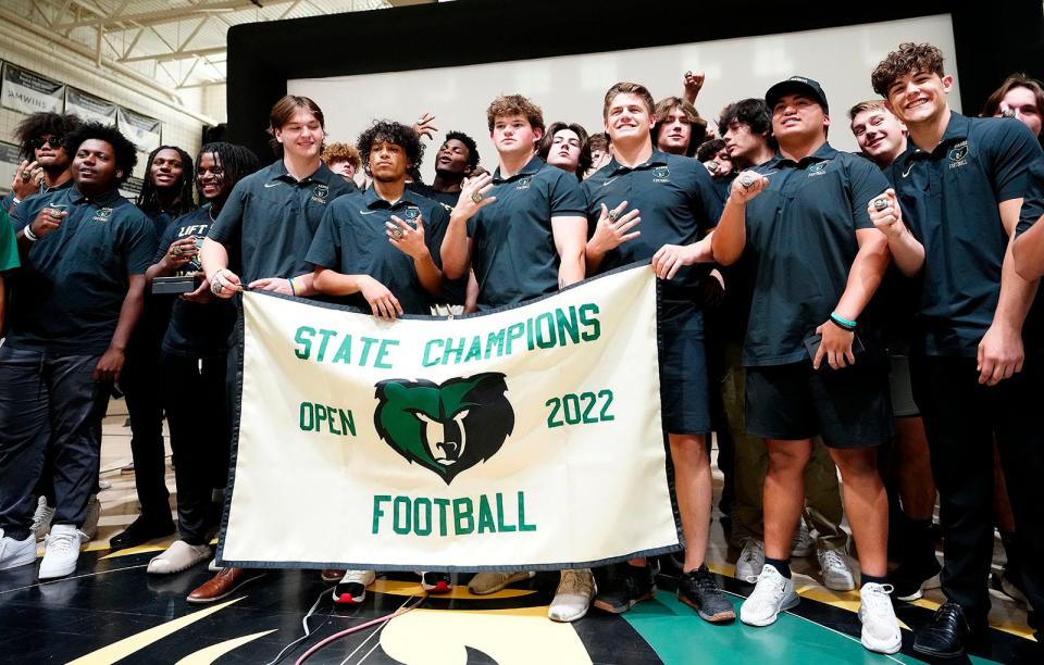 May 1, 2023; Phoenix, Ariz.; USA; Basha football players show off their new rings at a State Championship Ring Ceremony at Basha High School. 