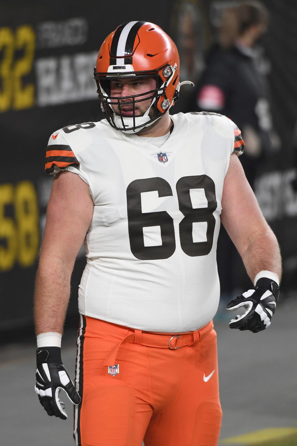 Browns offensive lineman Michael Dunn (68) warms up before an AFC wild-card playoff game against the Steelers, Sunday, Jan. 10, 2021, in Pittsburgh. (AP Photo/Justin Berl)