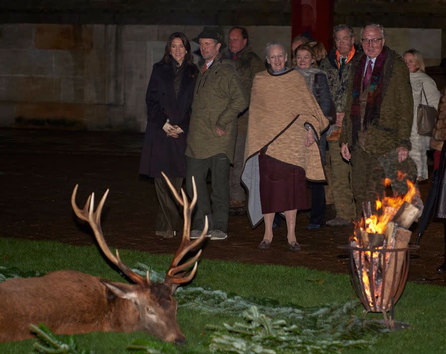 Kronprinzessin Marie und ihr Ehemann Kronprinz Frederik mit Königin Margrethe bei der Jagd-Parade. Foto: MEGA