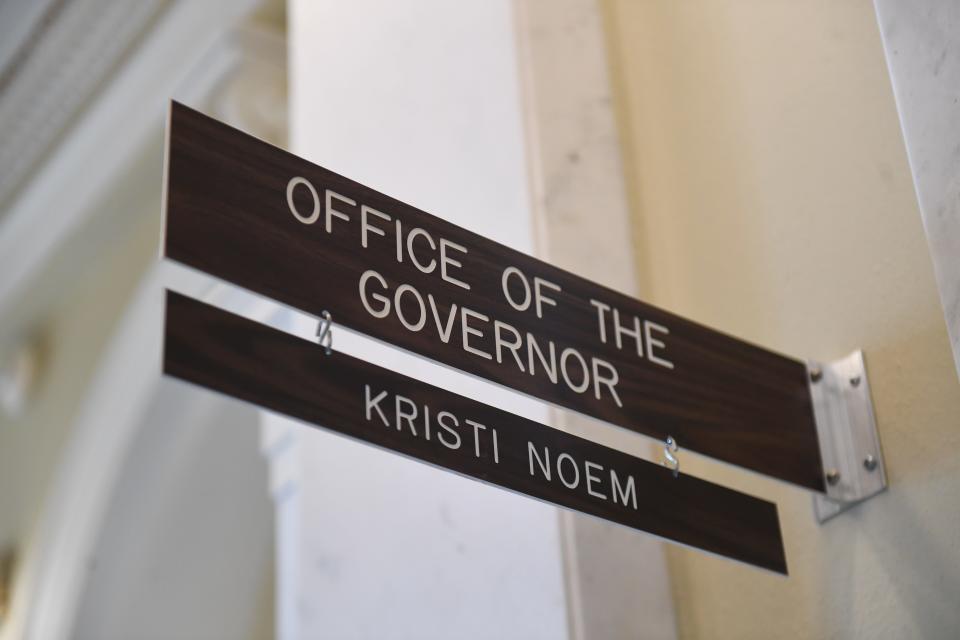 The sign in front of the Gov. Kristi Noem's office on Tuesday, Jan. 9, 2024 at South Dakota State Capitol in Pierre.