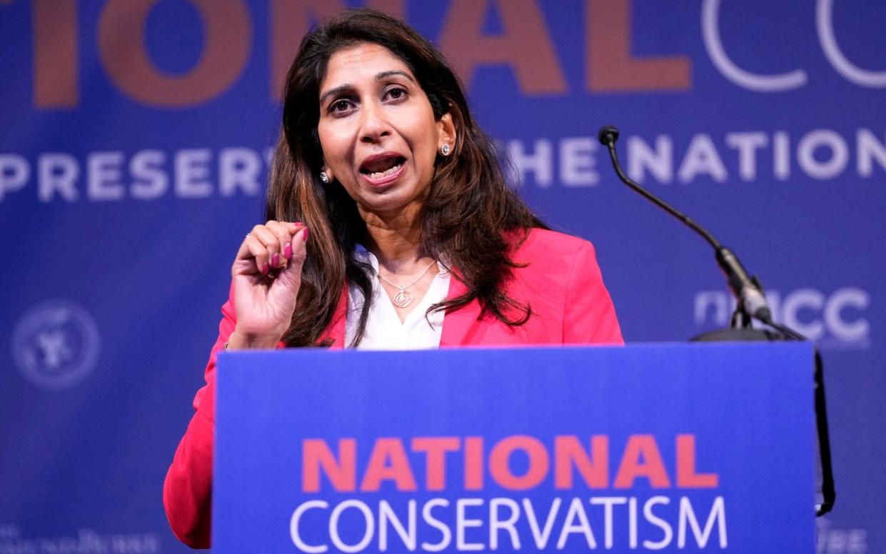 Suella Braverman, the former home secretary, addresses the National Conservatism conference in Brussels