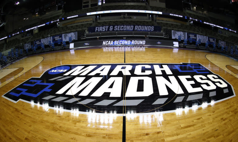 A general view of the March Madness logo on center court