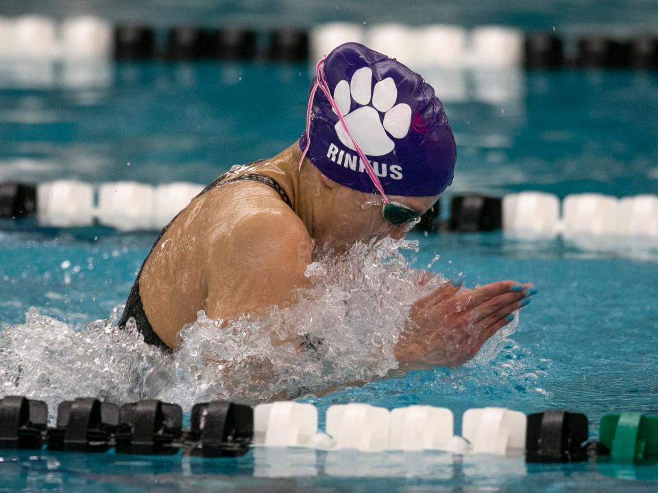 The 42nd annual Shore Conference Girls Swimming Championships takes place at Neptune Aquatic Center. 100 Yard Breaststroke. Quinn Rinkus of Rumson-Fair Haven wins the event.  Neptune, NJTuesday, February 2, 2022 