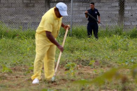 A security officer stands guard while an inmate works in an urban garden in Rodeo III prison in Guatire, Venezuela July 1, 2016. Picture taken July 1, 2016. REUTERS/Carlos Garcia Rawlins