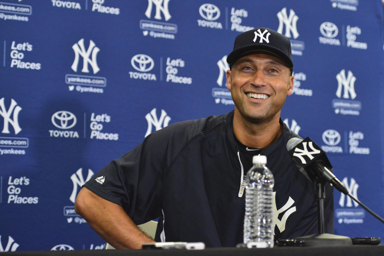 Feb 19, 2014; Tampa, FL, USA; New York Yankees infielder Derek Jeter (2) speaks to the media during an media availability at George M. Steinbrenner Field. Mandatory Credit: Tommy Gilligan-USA TODAY Sports