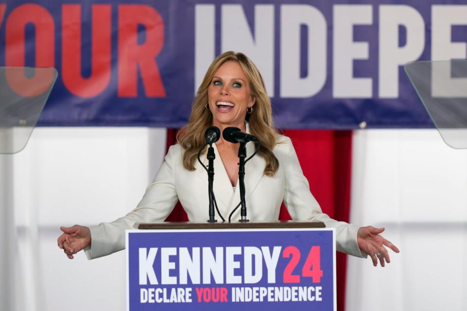 Cheryl Hines, wife of Presidential candidate Robert F. Kennedy, Jr. speaks during a campaign event for him at Independence Mall, Monday, Oct. 9, 2023, in Philadelphia. (AP)