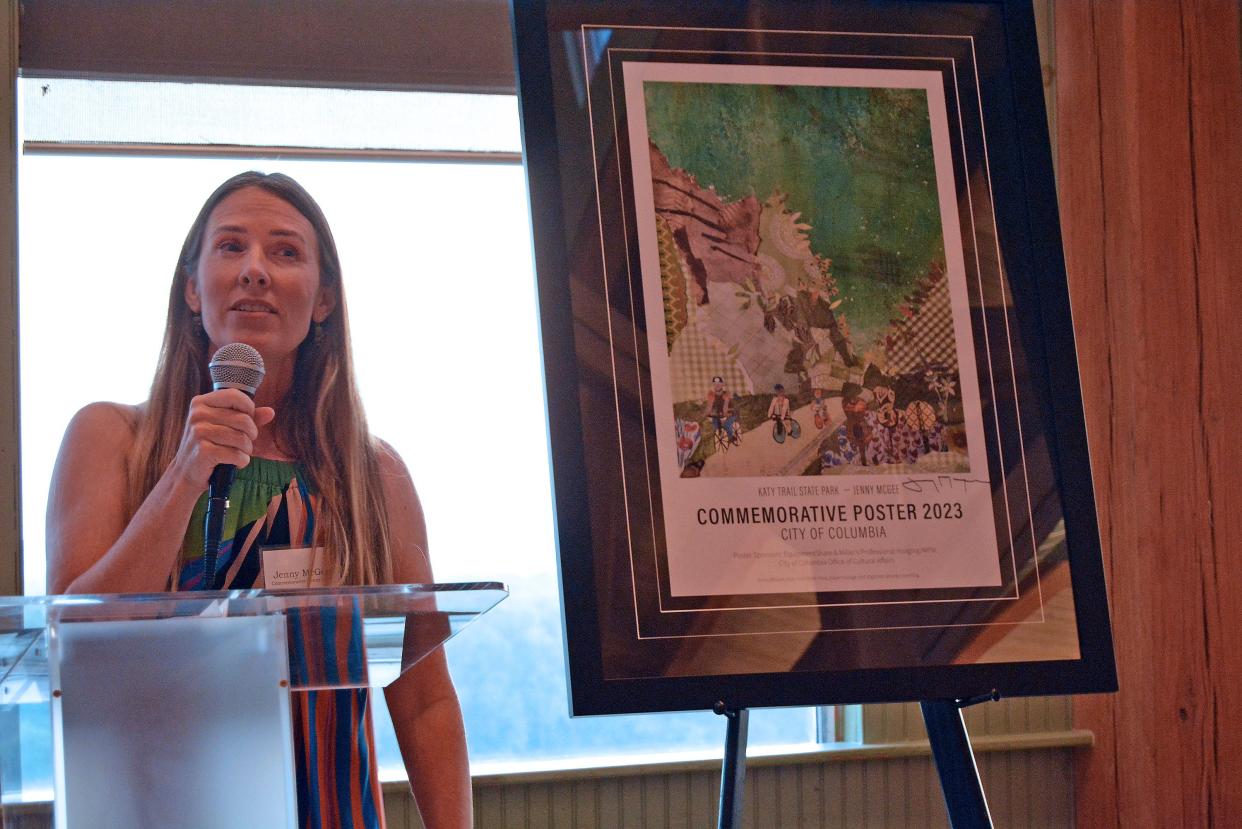 Columbia artist Jenny McGee speaks Wednesday night at Les Bourgeois Winery during Columbia's celebration of the arts event from the city's Office of Cultural Affairs and the Columbia Arts Fund. McGee's collage print of the Katy Trail was selected as the 2023 City of Columbia commemorative poster.