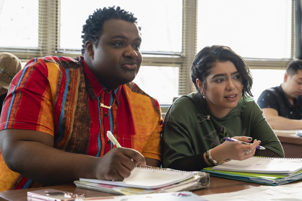 This image released by Paramount Pictures shows Jaquel Spivey, left, and Auli'i Cravalho in a scene from "Mean Girls." (Jojo Whilden/Paramount via AP)