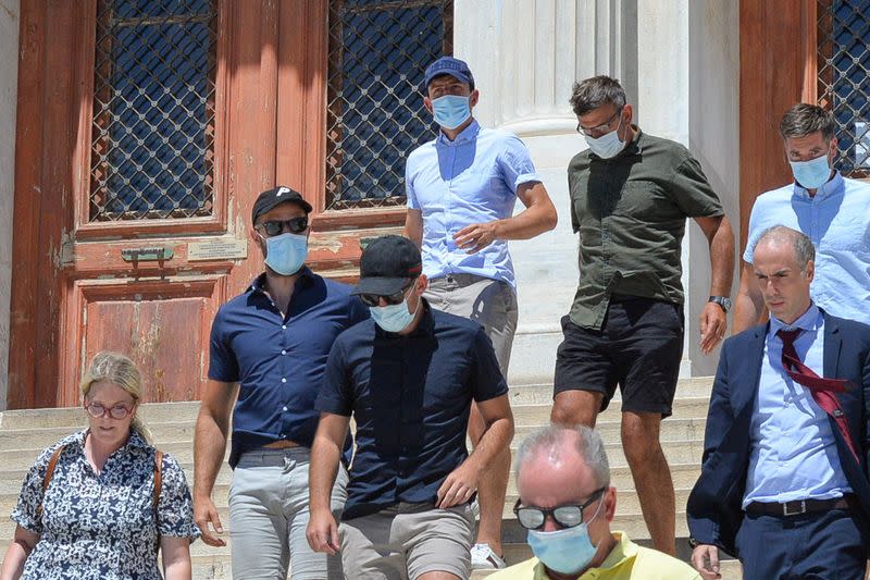 Manchester United captain Harry Maguire, who was detained on the island of Mykonos, leaves a court building on the island of Syros