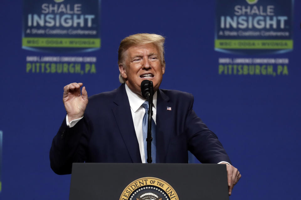 President Donald Trump speaks at the 9th annual Shale Insight Conference at the David L. Lawrence Convention Center, Wednesday, Oct. 23, 2019, in Pittsburgh. (AP Photo/Evan Vucci)