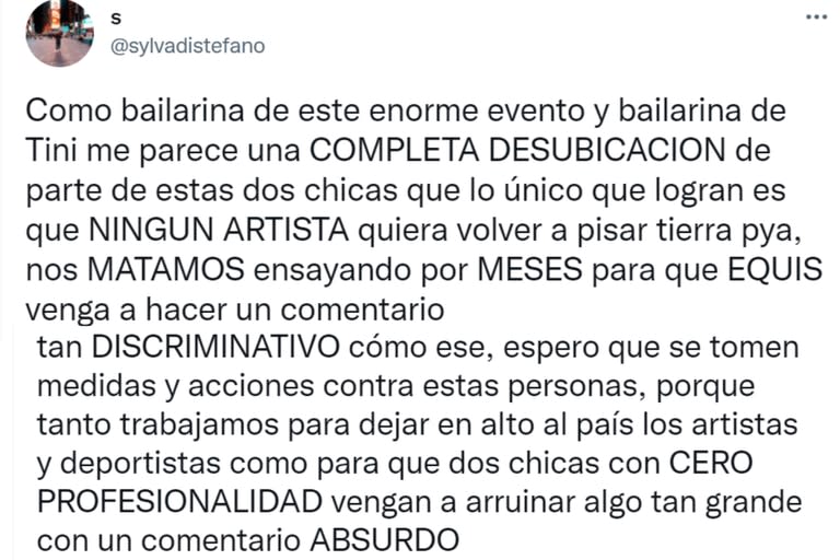 Una de las bailarinas que acompaña a Tini criticó los comentarios de los periodistas.