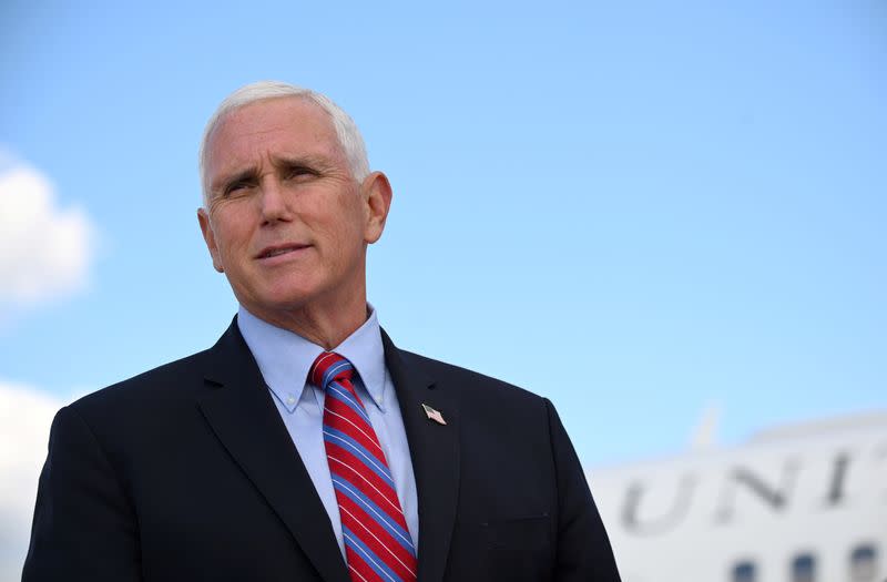 FILE PHOTO: U.S. Vice President Mike Pence departs for travel to the vice presidential debate in Salt Lake City, Utah, at Joint Base Andrews, Maryland