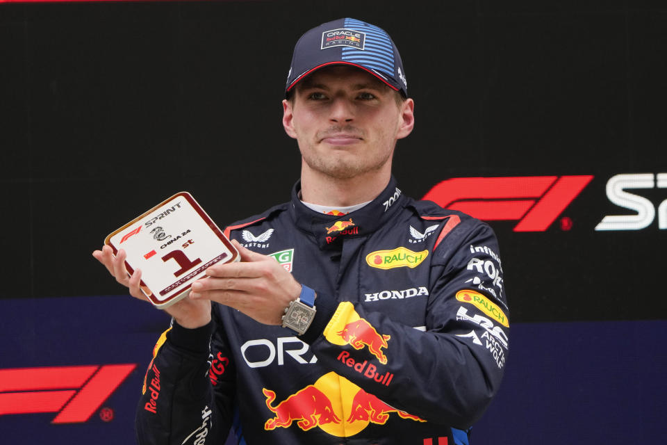 Red Bull driver Max Verstappen of the Netherlands reacts after winning the sprint race at the Chinese Formula One Grand Prix at the Shanghai International Circuit, Shanghai, China, Saturday, April 20, 2024. (AP Photo/Andy Wong)