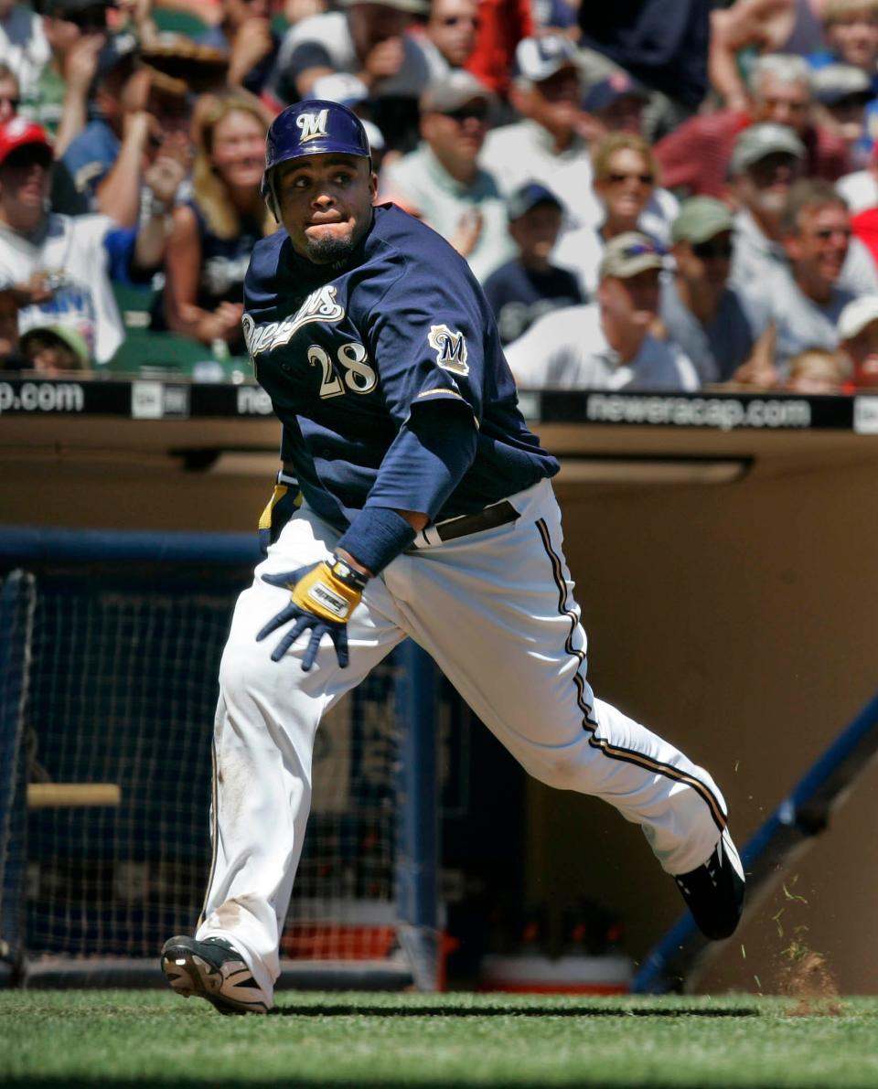 Prince Fielder rounds third base for an inside-the-park home run in the fifth inning against the Blue Jays on June 19, 2008 at Miller Park.