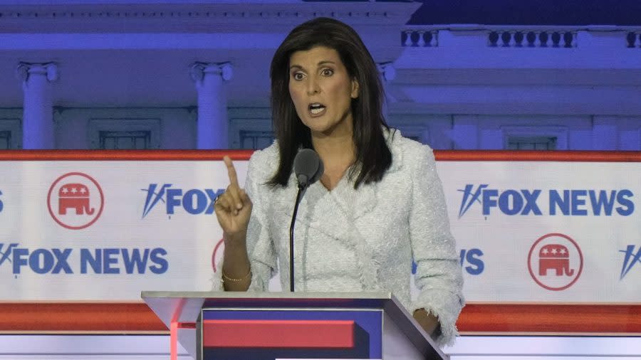 Former U.N. Ambassador Nikki Haley speaks during a Republican presidential primary debate hosted by FOX News Channel Wednesday, Aug. 23, 2023, in Milwaukee. (AP Photo/Morry Gash)