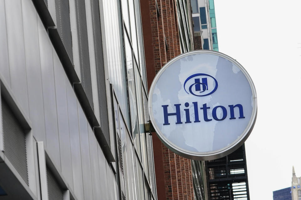 Photo by: John Nacion/STAR MAX/IPx 2020 5/9/20 A view of Hilton Hotel in Times Square in New York City USA during the coronavirus pandemic on May 9, 2020 in New York City. COVID-19 has spread to most countries around the world, claiming over 270,000 lives with over 3.9 million infections reported. Hilton CEO says hotels more likely to recover faster from coronavirus.