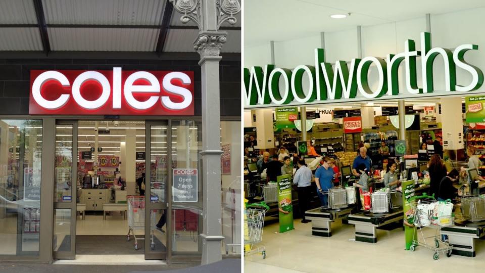 Exteriors of Coles, Woolworths supermarkets. 