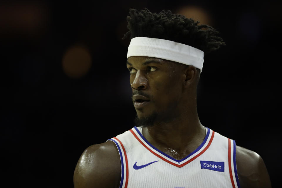 76ers star Jimmy Butler was ruled out for the remainder of Monday’s game against the Pistons with a groin strain. (AP Photo/Matt Slocum)