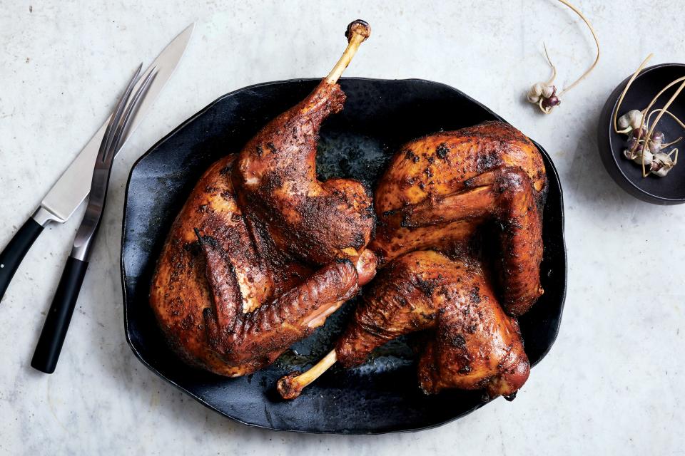 A halved turkey will always look better than a spatchcocked one.