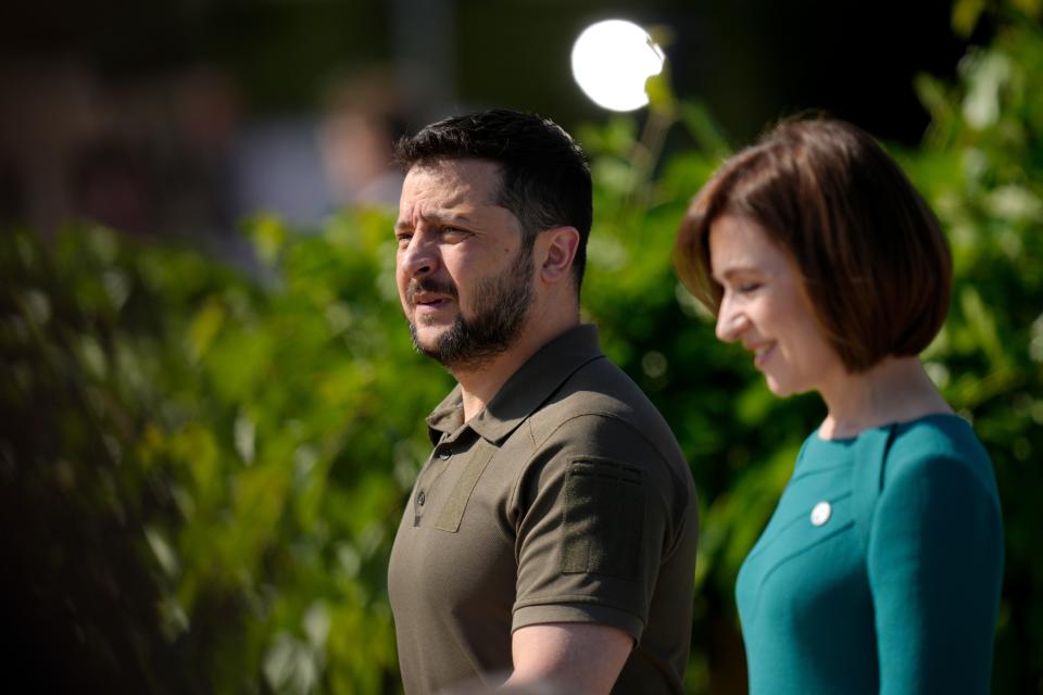 Moldova President Maia Sandu walks with Ukraine President Volodymyr Zelenskyy at the European Political Community Summit at the Mimi Castle in Bulboaca, Moldova,  on June 1, 2023.