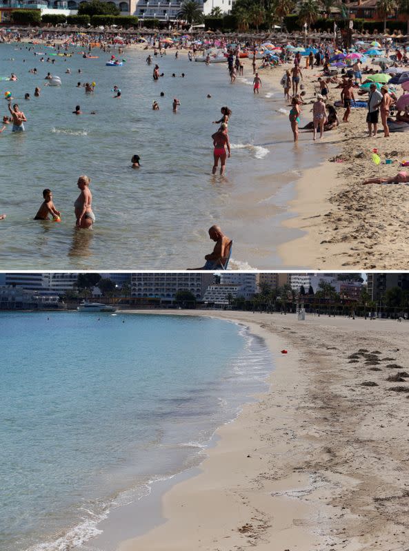 A combination photo shows tourists in the beach of Son Matias August 19, 2017, and the beach empty during the coronavirus disease (COVID-19) outbreak in Magaluf