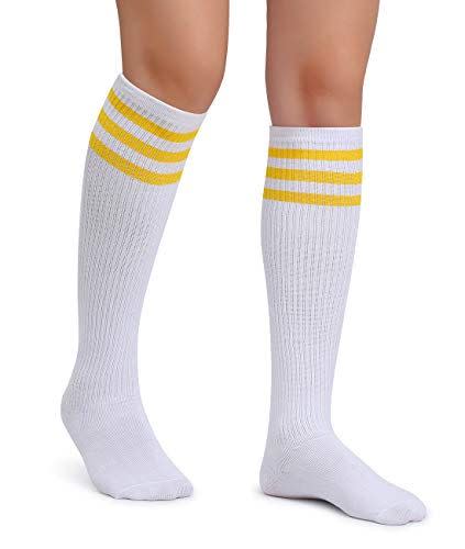 13) Classic Triple Stripes Knee High Tube Socks (White/Yellow)