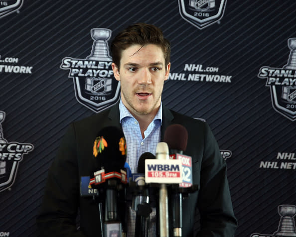 Chicago Blackhawks player Andrew Shaw speaks at a press conference in Chicago on Wednesday, April 20, 2016. (Terrence Antonio James/Chicago Tribune/TNS via Getty Images)