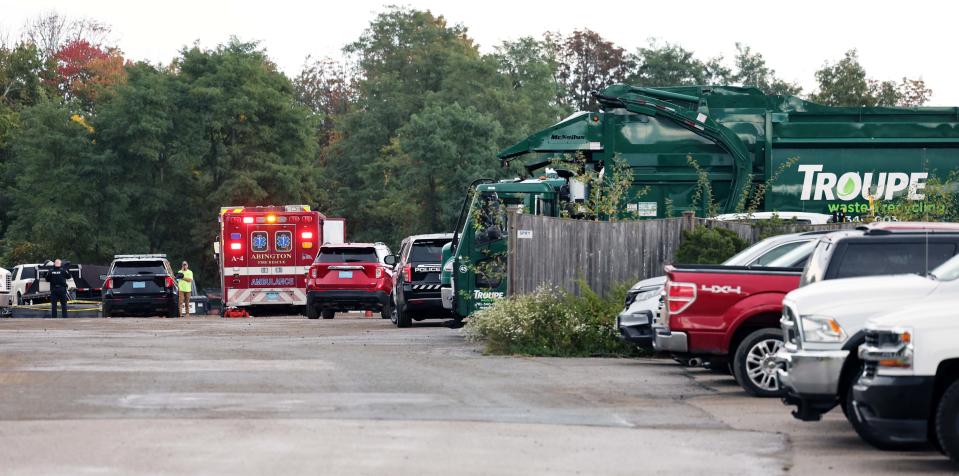 Abington police and firefighters, Massachusetts State Police and the Occupational Safety and Health Administration responded to an industrial workplace accident at Troupe Recycling in Abington on Tuesday, Oct. 10, 2023.