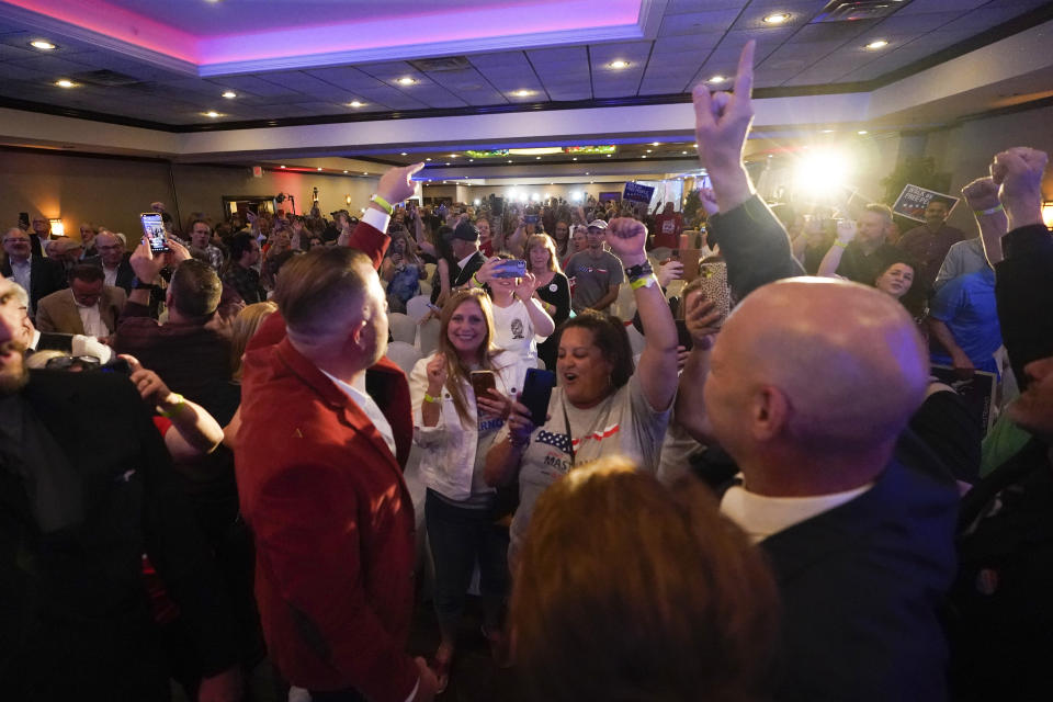 State Sen. Doug Mastriano, R-Franklin, a Republican candidate for Governor of Pennsylvania, waves to supporters at a primary night election gathering in Chambersburg, Pa., Tuesday, May 17, 2022. (AP Photo/ Carolyn Kaster)