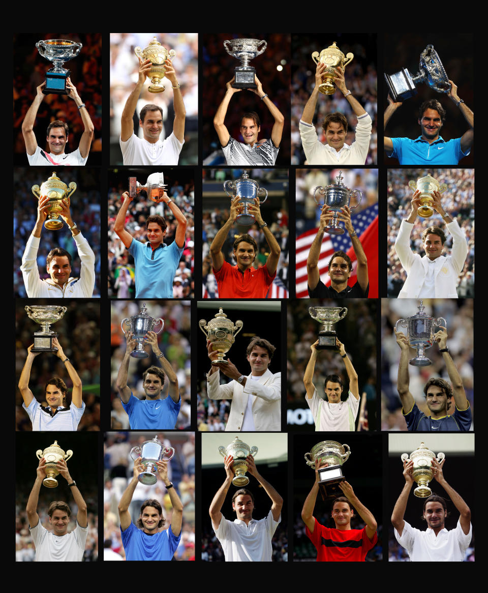 <p>Roger Federer with all 20 of his Grand Slam titles </p>