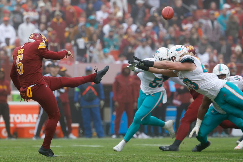 Dec 3, 2023; Landover, Maryland, USA; Miami Dolphins linebacker Andrew Van Ginkel (43) attempts to block a punt by Washington Commanders punter Tress Way (5) during the second quarter at FedExField. Mandatory Credit: Geoff Burke-USA TODAY Sports